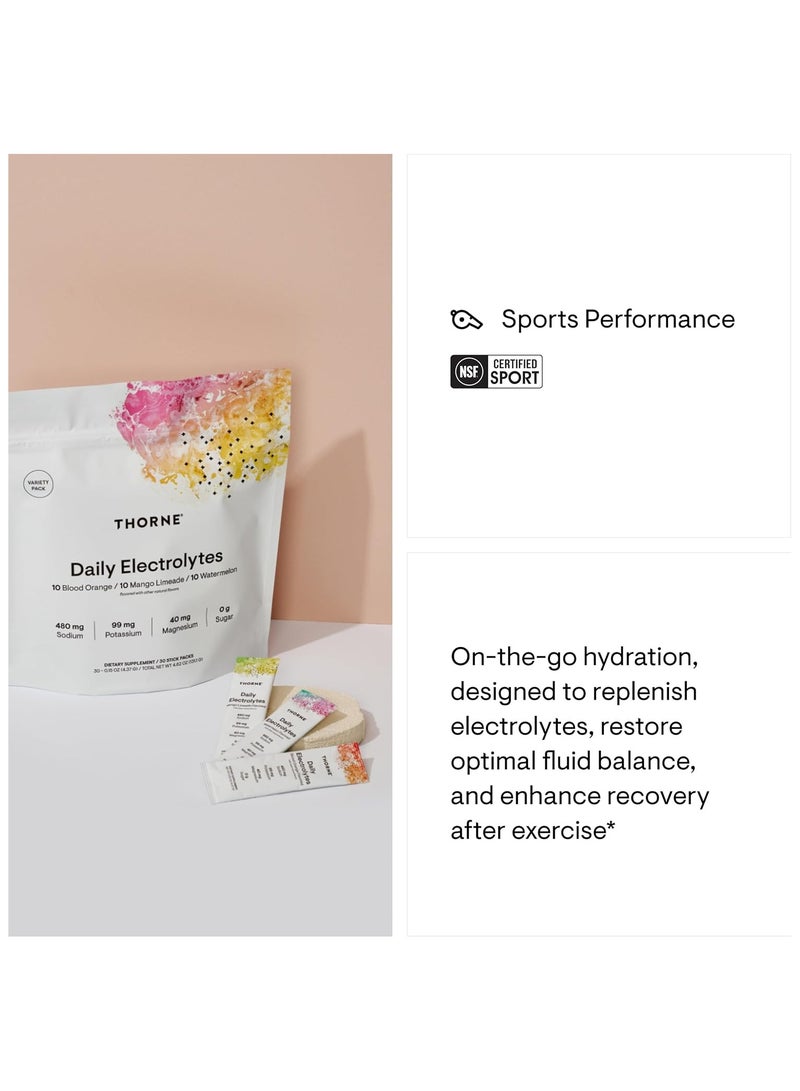 Thorne Daily Electrolytes 10 Blood Orange / 10 Mango Limeade / 10 Watermelon flavored with other natural flavors 480 mg Sodium, 99 mg Potassium, 40 mg Magnesium, 0g Sugar, DIETARY SUPPLEMENT / 30 STICK PACKS - 0.15 OZ (4.37 G) / TOTAL NET WT 4.62 OZ (131.1 G)  - Image 5