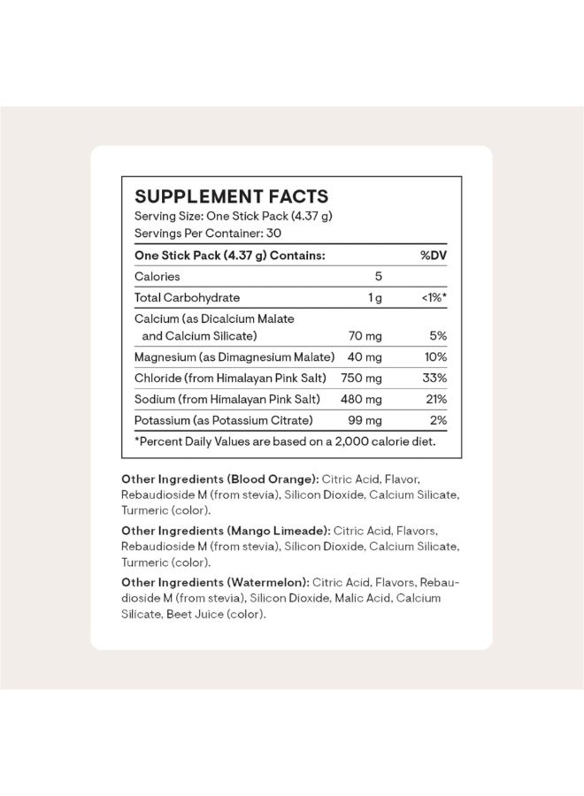 Thorne Daily Electrolytes 10 Blood Orange / 10 Mango Limeade / 10 Watermelon flavored with other natural flavors 480 mg Sodium, 99 mg Potassium, 40 mg Magnesium, 0g Sugar, DIETARY SUPPLEMENT / 30 STICK PACKS - 0.15 OZ (4.37 G) / TOTAL NET WT 4.62 OZ (131.1 G) - Image 2