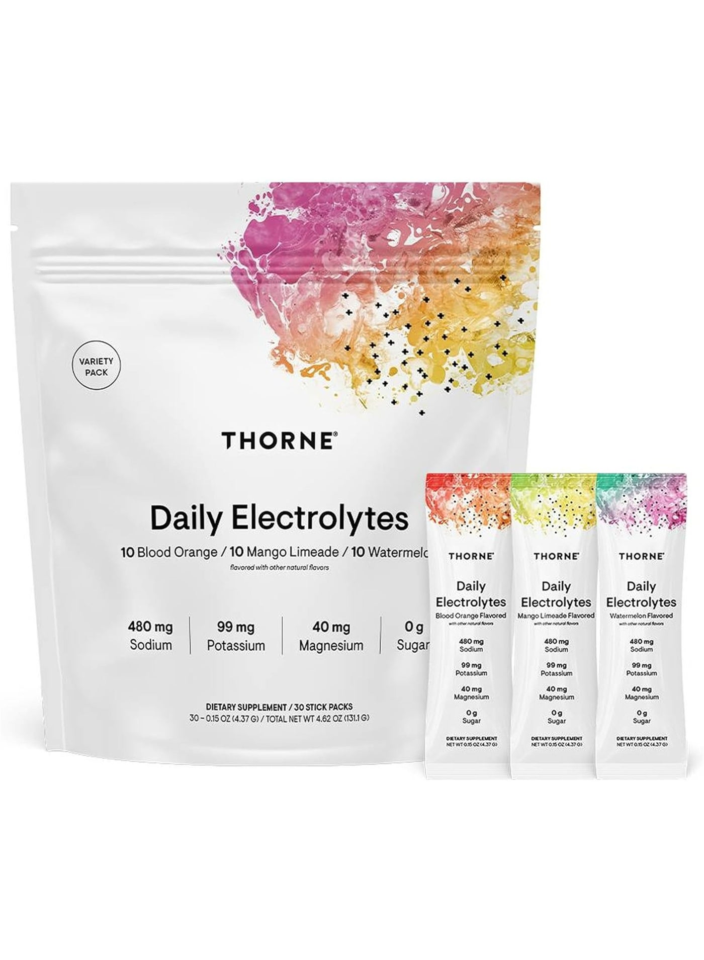 Daily Electrolytes 10 Blood Orange / 10 Mango Limeade / 10 Watermelon flavored with other natural flavors 480 mg Sodium, 99 mg Potassium, 40 mg Magnesium, 0g Sugar, DIETARY SUPPLEMENT / 30 STICK PACKS - 0.15 OZ (4.37 G) / TOTAL NET WT 4.62 OZ (131.1 G) 30 Sticks
