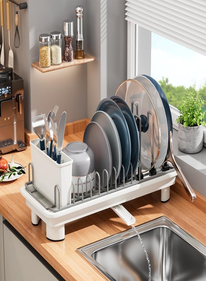 SanDream Small Dish Drying Rack, Compact Dish Rack for Kitchen Counter with Removable Cutlery Holder, 360°Rotating Spout, Multifunctional Stainless Steel Dish Drainer, Space Saving, White - Image 1