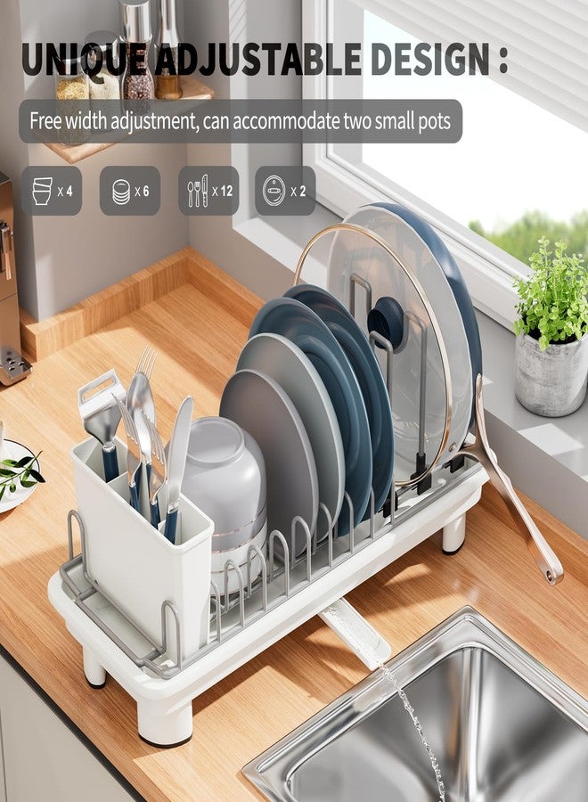 SanDream Small Dish Drying Rack, Compact Dish Rack for Kitchen Counter with Removable Cutlery Holder, 360°Rotating Spout, Multifunctional Stainless Steel Dish Drainer, Space Saving, White - Image 4