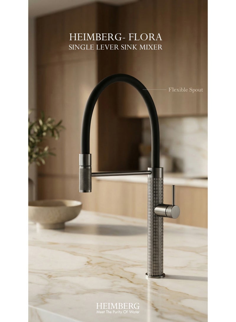 HEIMBERG FLORA Single Lever Kitchen Sink Mixer with Sedal Cartridge and Neoperl Aerator Gun Metal - Image 3