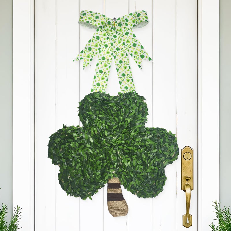 Teeloray St Patricks Day Decorations Shamrock Wreath for Front Door Hanging Sign Lucky Green Four Leaf Clover Handmade Saint Patricks Day Door Wreath Irish Decorations for Home Wall Porch Mantel Window - Image 2