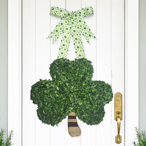 Teeloray St Patricks Day Decorations Shamrock Wreath for Front Door Hanging Sign Lucky Green Four Leaf Clover Handmade Saint Patricks Day Door Wreath Irish Decorations for Home Wall Porch Mantel Window - Image 1