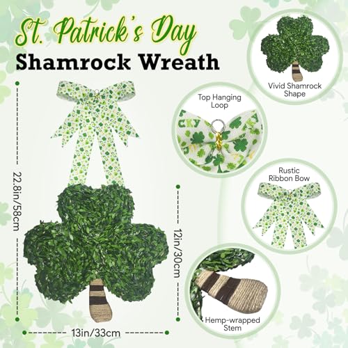 Teeloray St Patricks Day Decorations Shamrock Wreath for Front Door Hanging Sign Lucky Green Four Leaf Clover Handmade Saint Patricks Day Door Wreath Irish Decorations for Home Wall Porch Mantel Window - Image 3