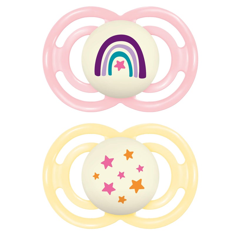 MAM Perfect Night Baby Pacifier, Patented Nipple, Glows in The Dark, 2 Pack, 16+ Months, Pink - Image 1