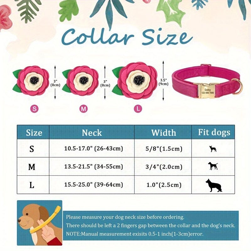 Personalized Soft Dog Collar With Flowers Rose Red Large Pet ID Tag Name Tag Plush Necklace With Engraved Metal Buckle For Small Medium Dogs - Image 2