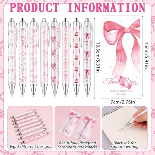 Furbeko 40 Sets Coquette Pink Bow Party Favors Rolling Paper Retractable Ballpoint Pens Greeting Thank You Cards with Clear Bags for Baby Showerr Coquette Party Favor Office Journaling Supplies - Image 2