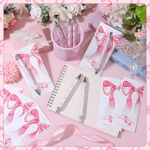 Furbeko 40 Sets Coquette Pink Bow Party Favors Rolling Paper Retractable Ballpoint Pens Greeting Thank You Cards with Clear Bags for Baby Showerr Coquette Party Favor Office Journaling Supplies - Image 5