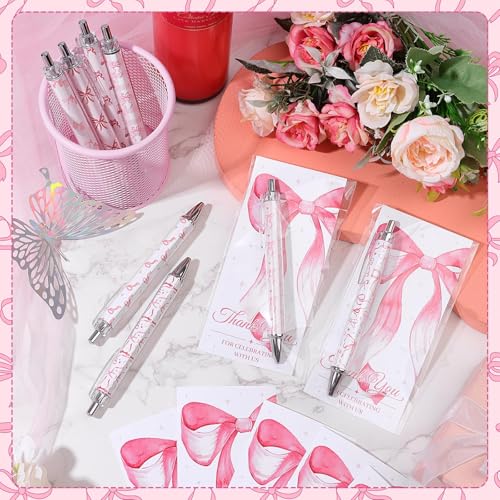 Furbeko 40 Sets Coquette Pink Bow Party Favors Rolling Paper Retractable Ballpoint Pens Greeting Thank You Cards with Clear Bags for Baby Showerr Coquette Party Favor Office Journaling Supplies - Image 4