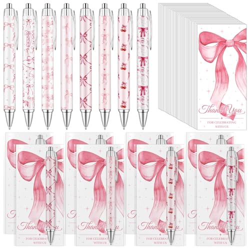 Furbeko 40 Sets Coquette Pink Bow Party Favors Rolling Paper Retractable Ballpoint Pens Greeting Thank You Cards with Clear Bags for Baby Showerr Coquette Party Favor Office Journaling Supplies - Image 1