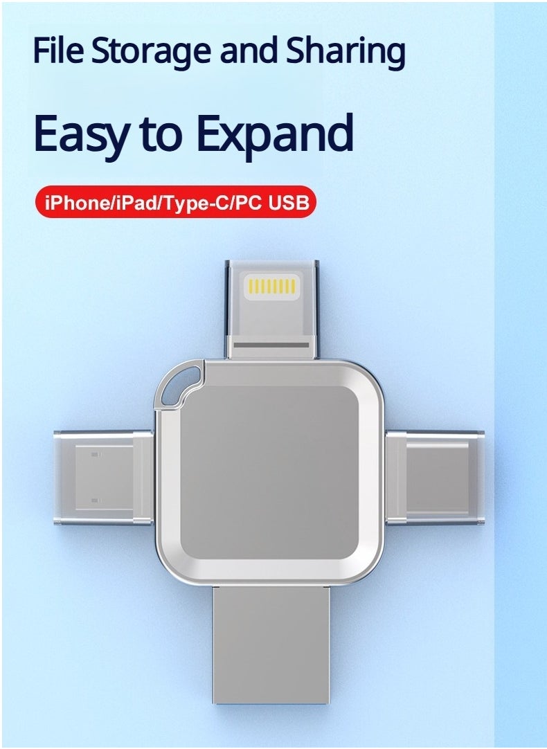 Generic - 4-in-1 High Speed USB Flash Drive with Micro USB and Type-C Ports, Compatible with Android Smartphones, iPhone, iPad, MacBook, and Laptops - Silver 8GB - Image 1