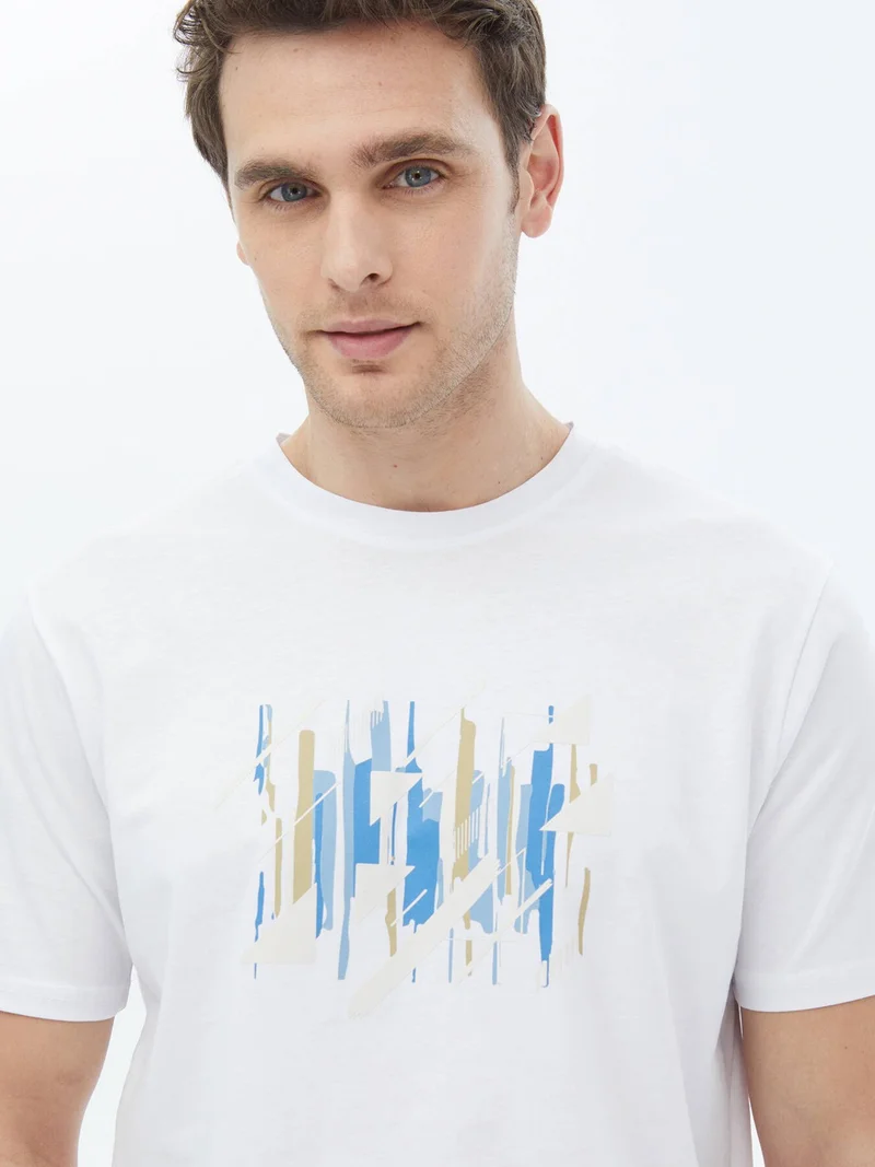 Kip White Printed Crew Neck 100% Cotton T-Shirt