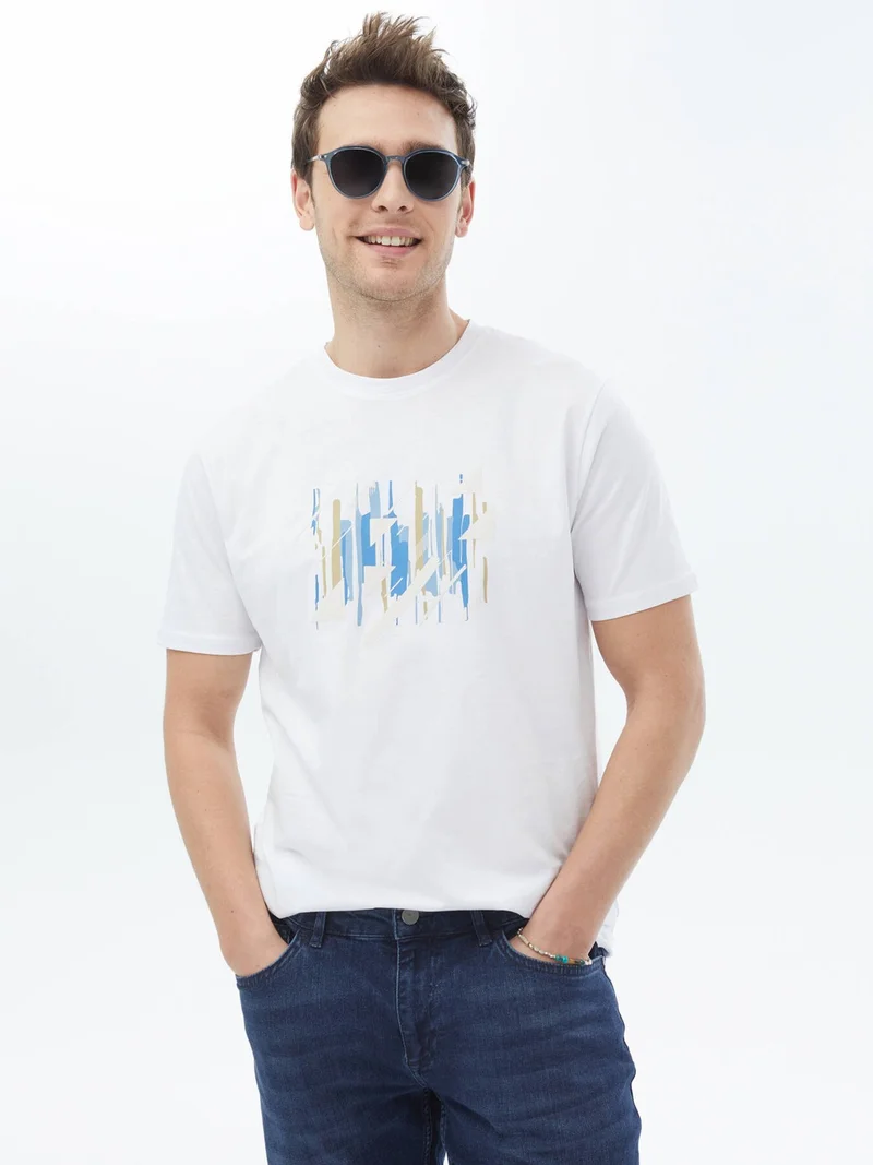 Kip White Printed Crew Neck 100% Cotton T-Shirt