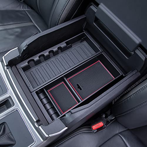 PIMCAR صينية تنظيم كونسول وسط PIMCAR لسيارة فورد F150 (2015-2020)، سوبر ديوتي F250/F350/F450 (2017-2022)، إكسبيديشن (2018-2024)، تصميم قطعة واحدة من بلاستيك ABS، تناسب صينية المصنع - حواف حمراء - Image 1
