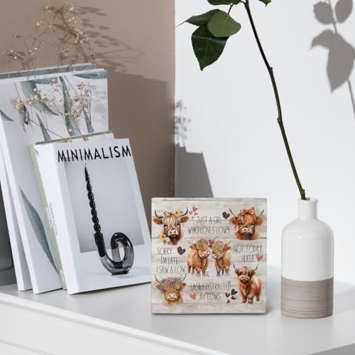 Nvotell Highland Cow Wooden Sign - Highland Cow Bathroom Kitchen Nursery Decor, Farmhouse Cows Decor for Girls Room, Just a Girl Who Loves Cows Wooden Box Signs, 5x5 Inch - Image 4