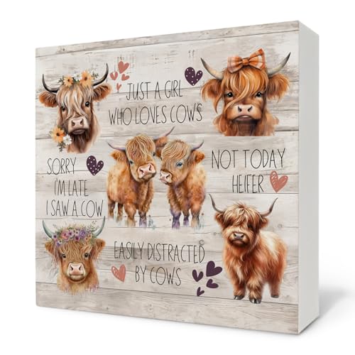 Nvotell Highland Cow Wooden Sign - Highland Cow Bathroom Kitchen Nursery Decor, Farmhouse Cows Decor for Girls Room, Just a Girl Who Loves Cows Wooden Box Signs, 5x5 Inch - Image 1