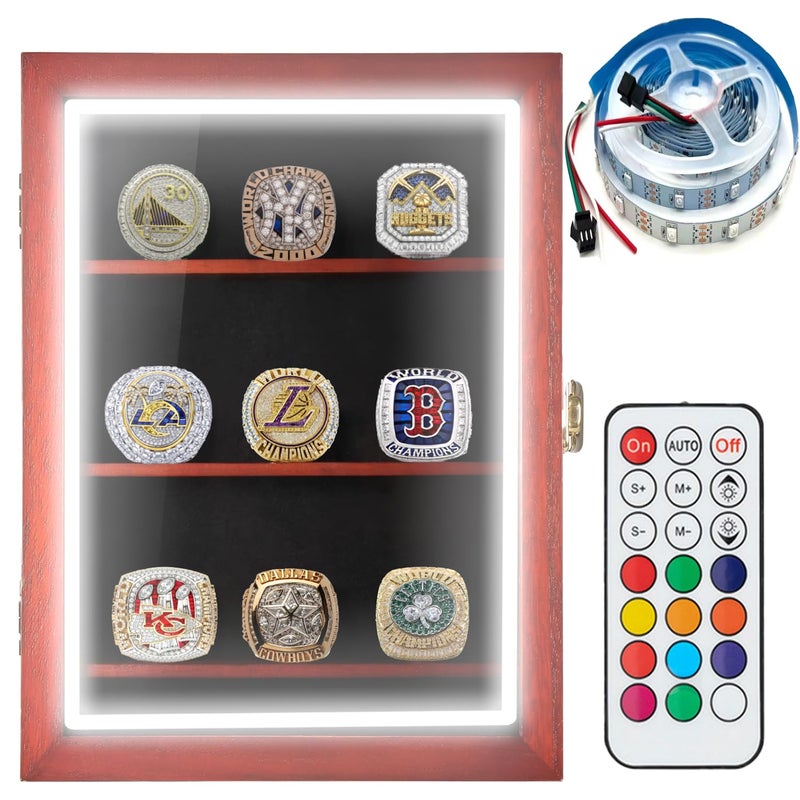 DEALZOOM Championship Ring Display Case RGB LED - 9 Ring Large Baseball Ring Display Cases â€“ Wall Display Case Ring Storage, Baseball Ring Holder Display, Holds Basketball Football Rings (Red) - Image 1
