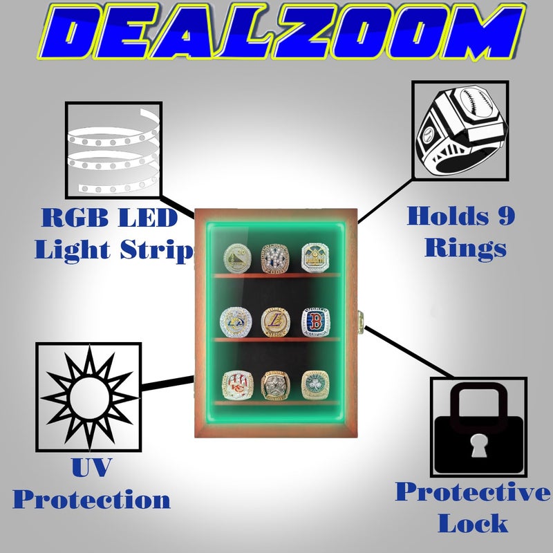 DEALZOOM Championship Ring Display Case RGB LED - 9 Ring Large Baseball Ring Display Cases â€“ Wall Display Case Ring Storage, Baseball Ring Holder Display, Holds Basketball Football Rings (Red) - Image 3