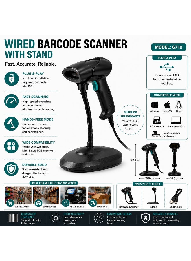 BASEET Wired Handheld Barcode Scanner with Stand, USB 1D/2D QR Code Reader for POS Retail Warehouse BAS-6710 - Image 3