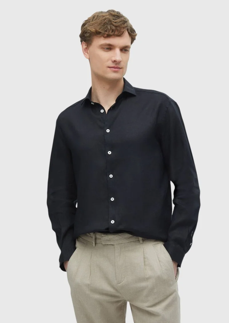 RAMSEY Black Plain Casual Fit Long Weaving Casual 100% Linen Shirt