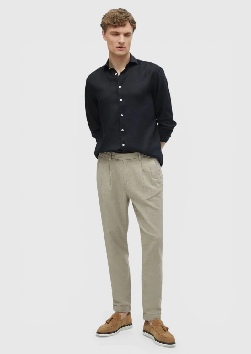 RAMSEY Black Plain Casual Fit Long Weaving Casual 100% Linen Shirt