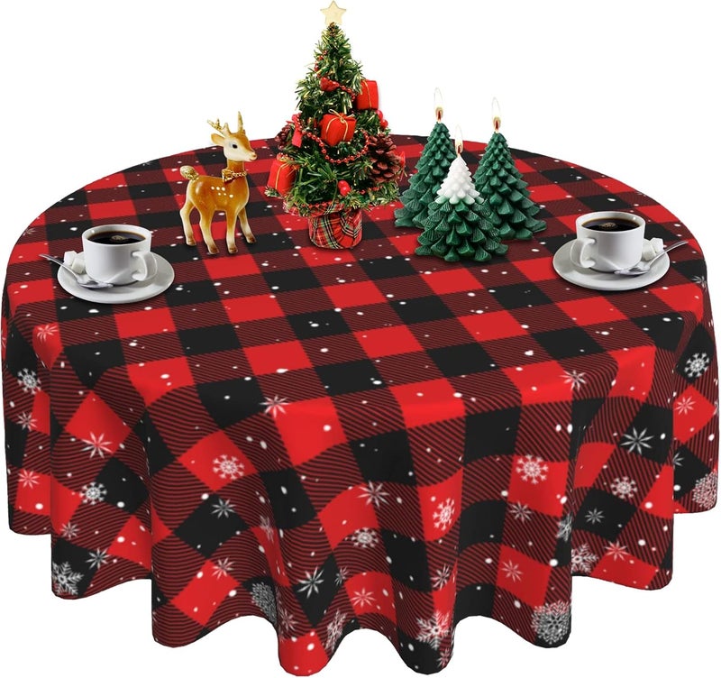 SuQKXCo Christmas Snowflake Round Table Cloths Red Black Buffalo Plaid Tablecloth 60 inch Cover Mat Spill Proof Table Covers for Kitchen Party Dinner Tabletop Decoration - Image 1
