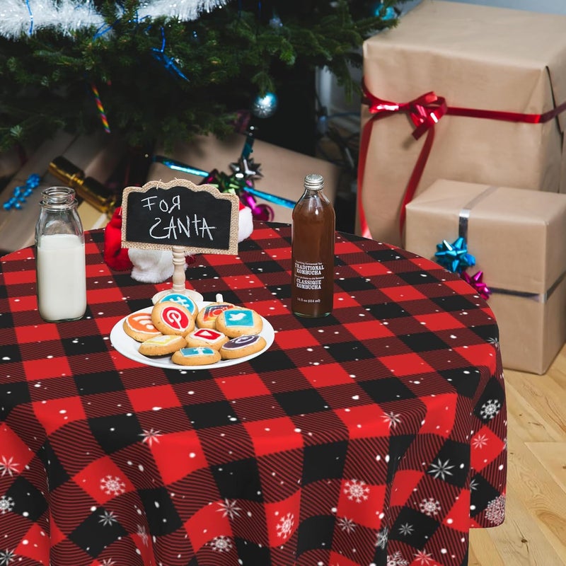 SuQKXCo Christmas Snowflake Round Table Cloths Red Black Buffalo Plaid Tablecloth 60 inch Cover Mat Spill Proof Table Covers for Kitchen Party Dinner Tabletop Decoration - Image 3