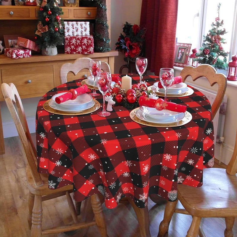 SuQKXCo Christmas Snowflake Round Table Cloths Red Black Buffalo Plaid Tablecloth 60 inch Cover Mat Spill Proof Table Covers for Kitchen Party Dinner Tabletop Decoration - Image 2