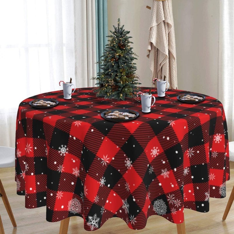 SuQKXCo Christmas Snowflake Round Table Cloths Red Black Buffalo Plaid Tablecloth 60 inch Cover Mat Spill Proof Table Covers for Kitchen Party Dinner Tabletop Decoration - Image 4