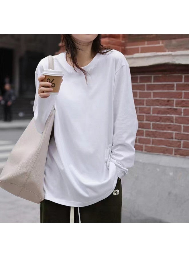 LANG SHA 100% Cotton Women'S Long Sleeve Round Neck T-Shirt Simple Versatile Solid Color Basic Top T-Shirt Women - Image 5