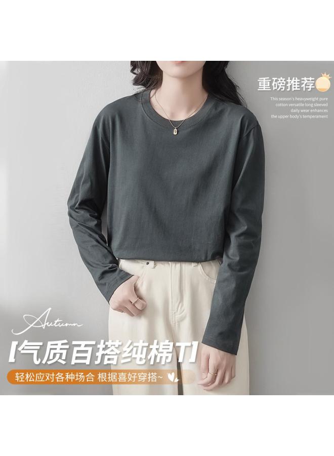 LANG SHA 100% Cotton Women'S Long Sleeve Round Neck T-Shirt Simple Versatile Solid Color Basic Top T-Shirt Women - Image 2