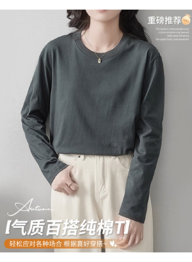 LANG SHA 100% Cotton Women'S Long Sleeve Round Neck T-Shirt Simple Versatile Solid Color Basic Top T-Shirt Women - Image 1