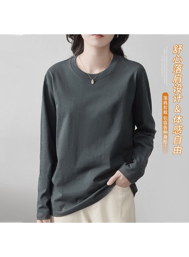 LANG SHA 100% Cotton Women'S Long Sleeve Round Neck T-Shirt Simple Versatile Solid Color Basic Top T-Shirt Women - Image 3