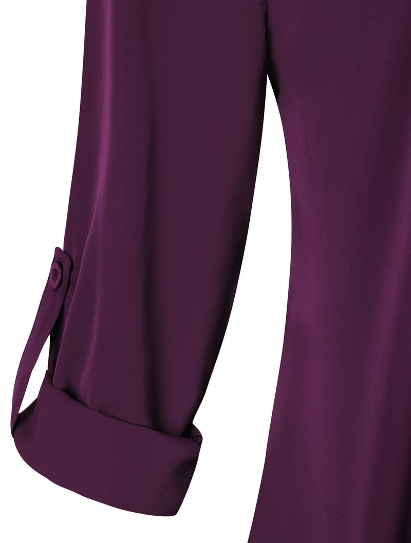 Youtalia Women's Blouses and Tops Dressy, Juniors Chiffon Top Roll Sleeve Blouse Trendy V Neck Tunic Pleats Flowy Tops Casual Button Down Work Shirts for Women Magenta Large - Image 5