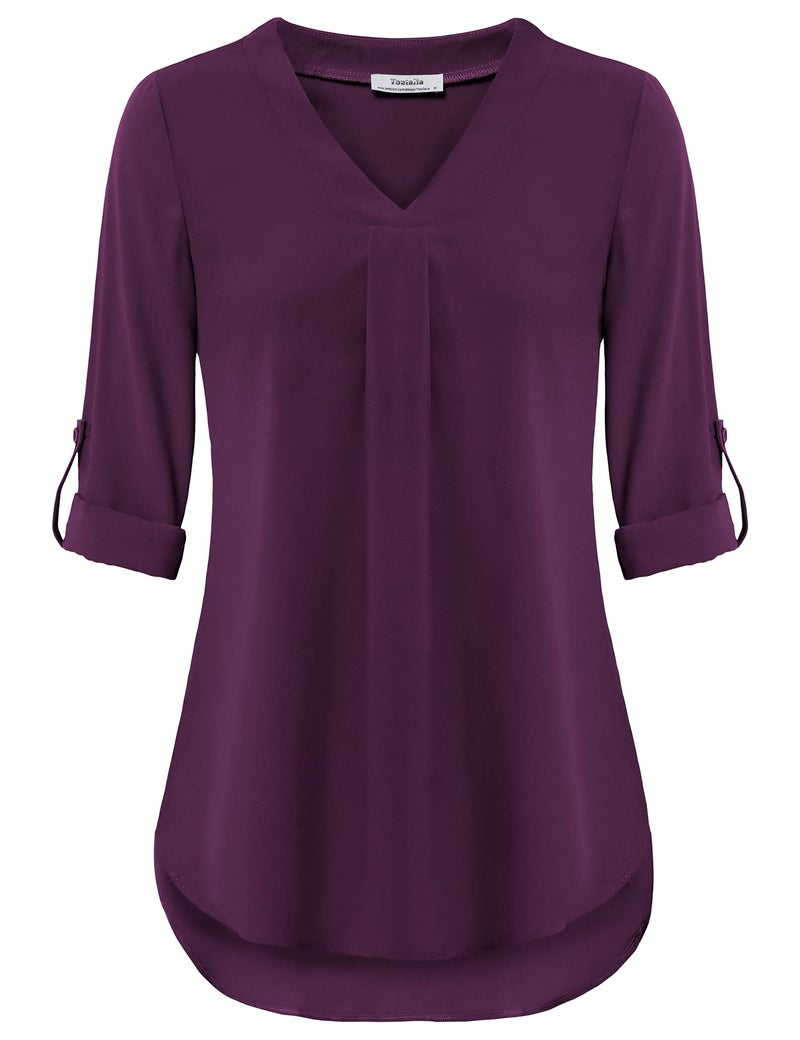 Youtalia Women's Blouses and Tops Dressy, Juniors Chiffon Top Roll Sleeve Blouse Trendy V Neck Tunic Pleats Flowy Tops Casual Button Down Work Shirts for Women Magenta Large - Image 2