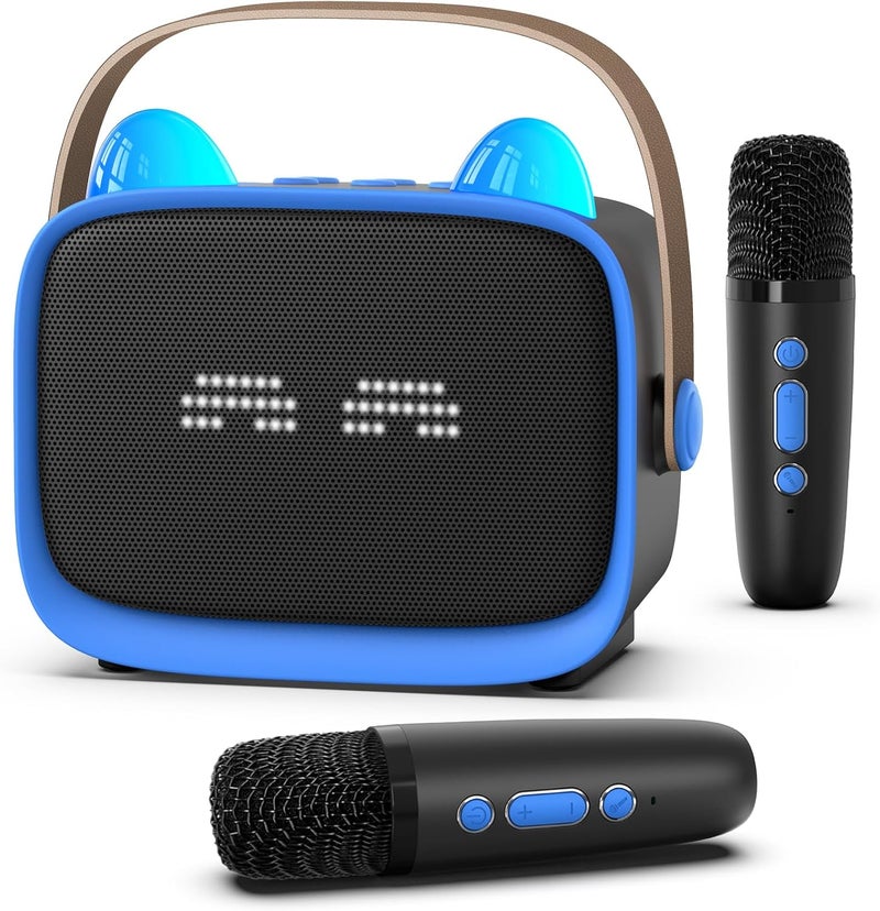Mgaolo Transit damage minimized design Mgaolo Upgraded Mini Karaoke Machine Toy for Kids, Portable Bluetooth Speaker with 2 Wireless Mics, Emoji & Colorful LED Lights, Home Travel & Party Play Gifts for Boys Girls (Blue) Cross-material combo compatible - Image 1