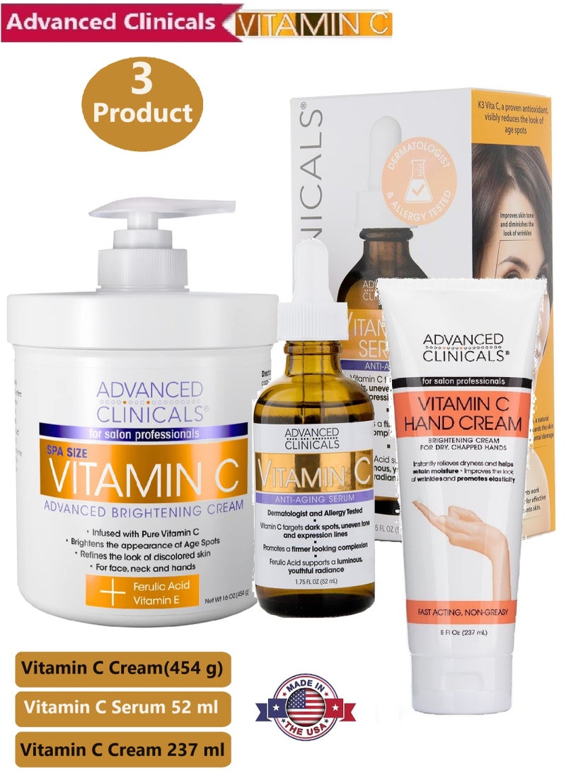 Advanced Clinicals Advanced Clinicals Vitamin C Skin Care Value, Anti Aging Set Skin 3 Products Vitamin C Hand Cream 237 ml, Vitamin C Face and Body Cream Moisturizing Skin Care 454g and Vitamin C Serum for Face 52 ml - Image 1