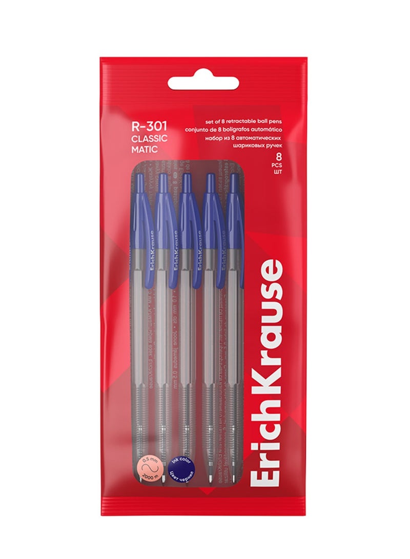 ErichKrause 8-Piece Classic Matic Retractable Ballpoint Pen Blue Ink 1.0mm Tip Blue Ink - Image 1