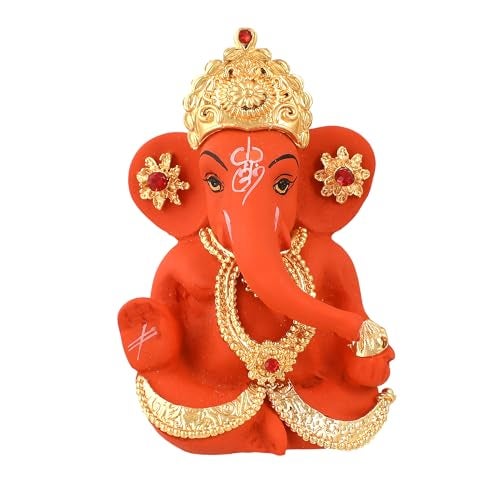 CraftVatika Ganesh Idol Murti Statue for Car Dashboard Gift Ceramic Terracotta Gold Plated Ganesha Ganpati Idols Showpiece Figurine for Home Pooja Room Diwali Decoration. (Orange Color) - Image 2