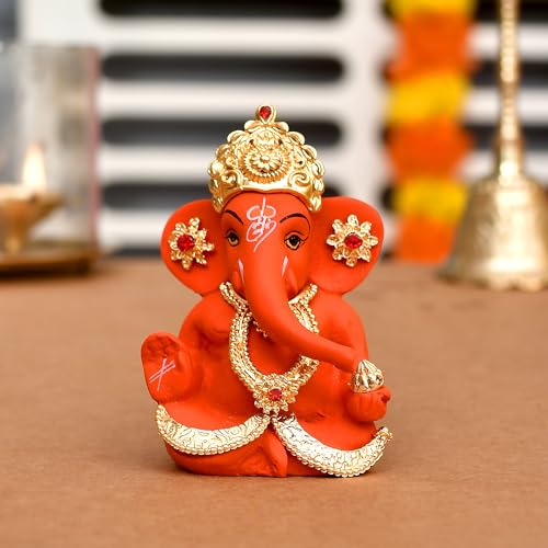 CraftVatika Ganesh Idol Murti Statue for Car Dashboard Gift Ceramic Terracotta Gold Plated Ganesha Ganpati Idols Showpiece Figurine for Home Pooja Room Diwali Decoration. (Orange Color) - Image 1