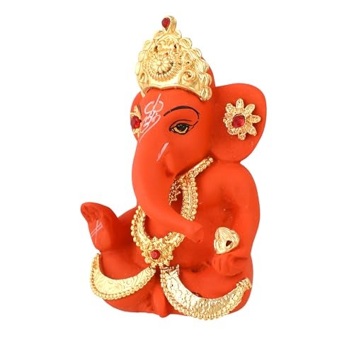 CraftVatika Ganesh Idol Murti Statue for Car Dashboard Gift Ceramic Terracotta Gold Plated Ganesha Ganpati Idols Showpiece Figurine for Home Pooja Room Diwali Decoration. (Orange Color) - Image 4