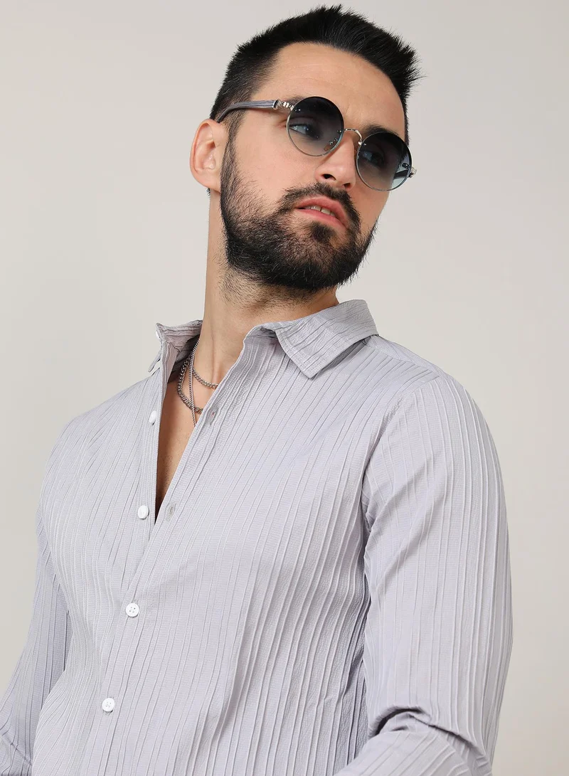 كامبوس سوترا قميص رجالي رمادي مقلم بتصميم ذاتي وياقة ممتدة