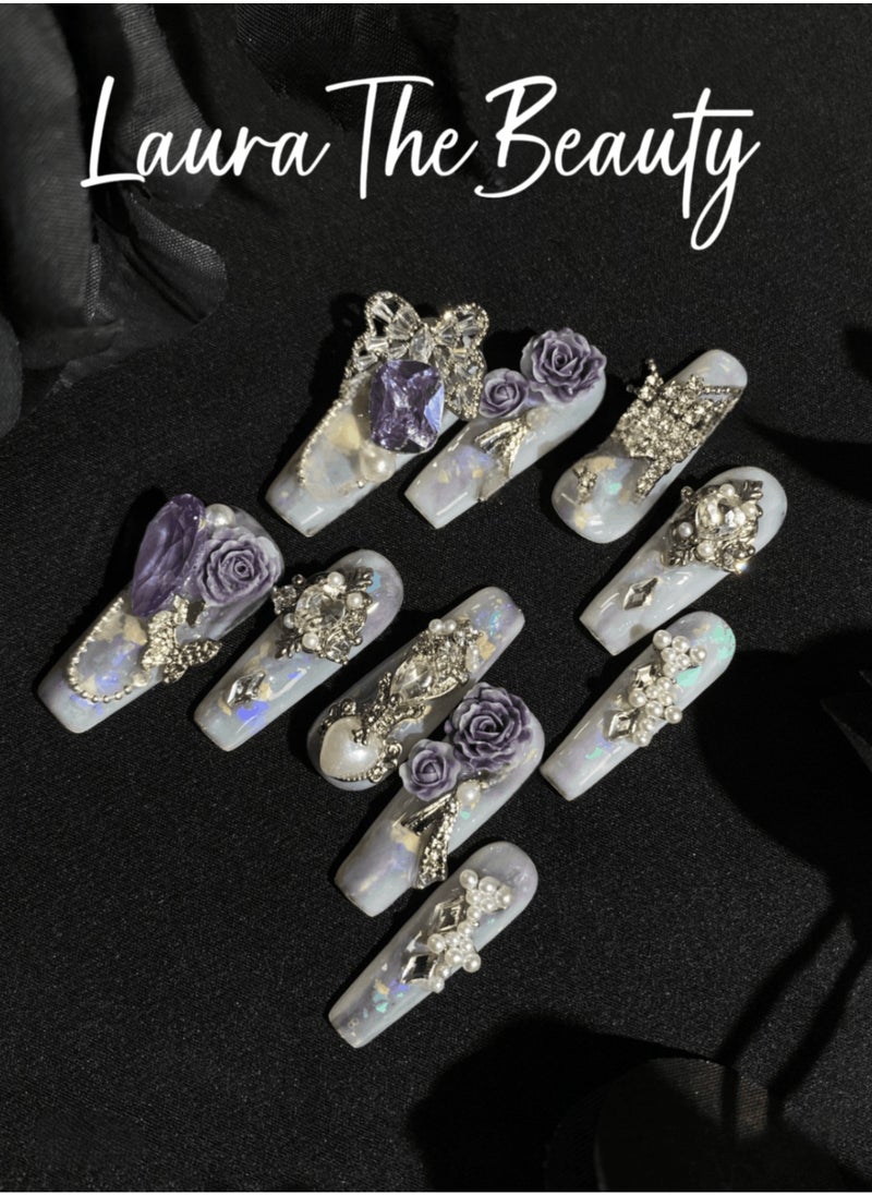 LauraTheBeauty - 【RoseCrystal】 10 Pcs Rhinestone Nail Art False Nails Short Square Nails Press on Nails with Wearing Tools - Image 1