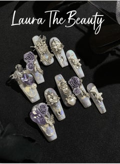 【RoseCrystal】 10 Pcs Rhinestone Nail Art False Nails Short Square Nails Press on Nails with Wearing Tools
