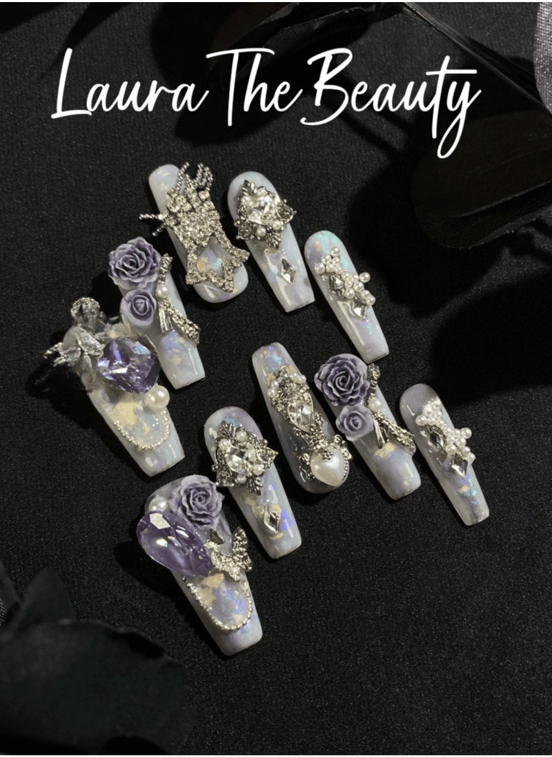 LauraTheBeauty - 【RoseCrystal】 10 Pcs Rhinestone Nail Art False Nails Short Square Nails Press on Nails with Wearing Tools - Image 1