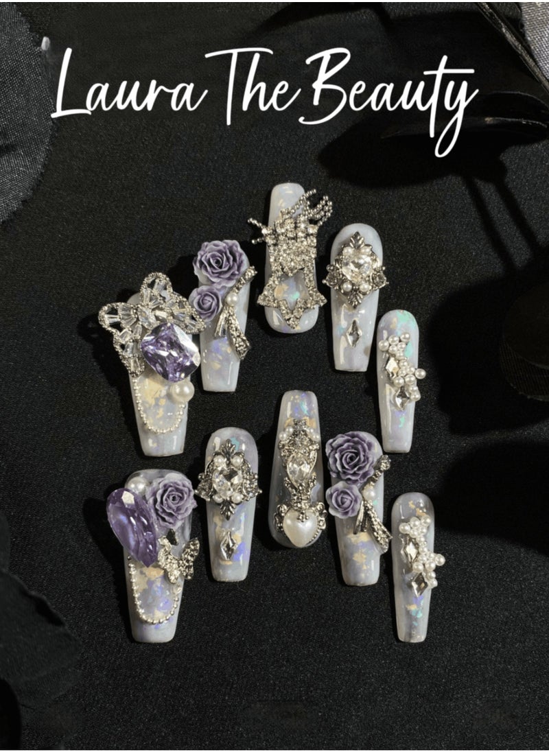LauraTheBeauty - 【RoseCrystal】 10 Pcs Rhinestone Nail Art False Nails Short Square Nails Press on Nails with Wearing Tools - Image 1