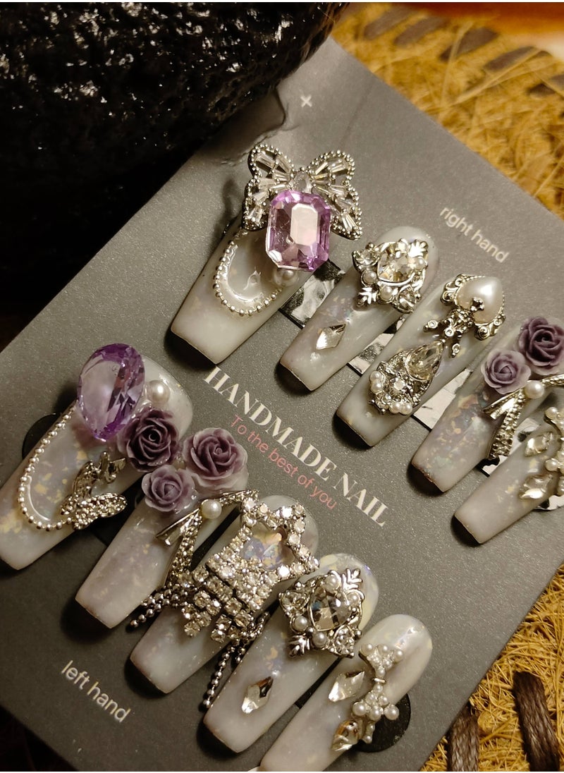 LauraTheBeauty - 【RoseCrystal】 10 Pcs Rhinestone Nail Art False Nails Short Square Nails Press on Nails with Wearing Tools - Image 1