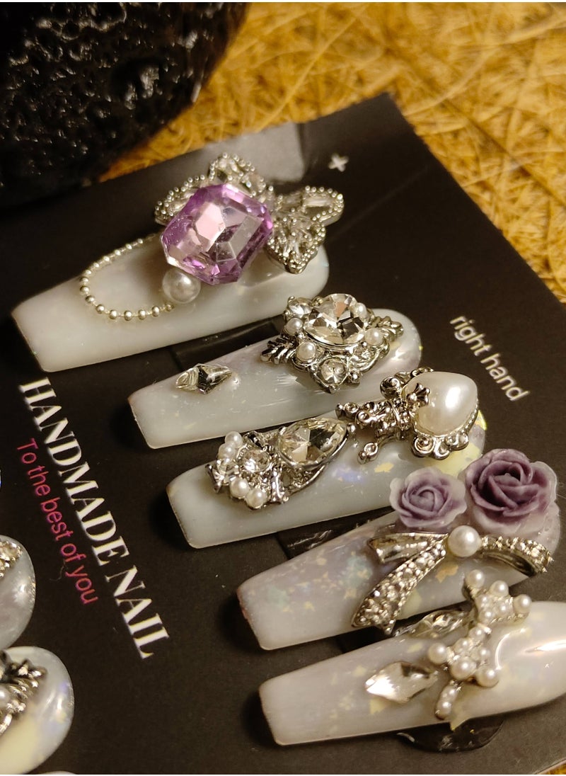 LauraTheBeauty - 【RoseCrystal】 10 Pcs Rhinestone Nail Art False Nails Short Square Nails Press on Nails with Wearing Tools - Image 1
