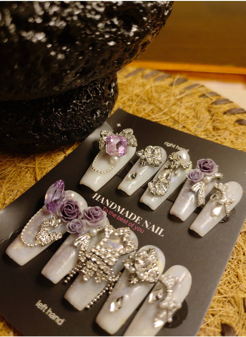 LauraTheBeauty - 【RoseCrystal】 10 Pcs Rhinestone Nail Art False Nails Short Square Nails Press on Nails with Wearing Tools - Image 1